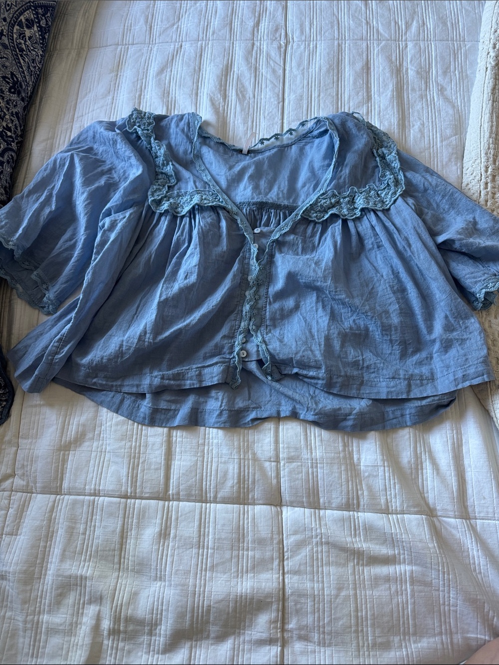 Free People Powder Blue Lace-Trim Button Front Top